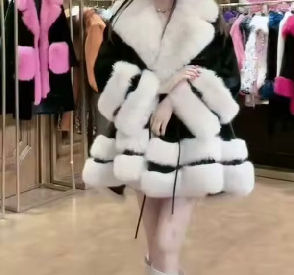 Women Fashion Color Faux Fur Asymmetrical Jacket