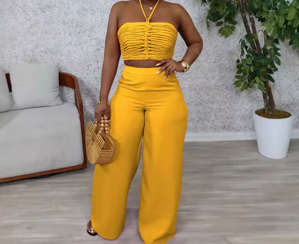 Women Halter Sleeveless Ruched Fashion Two Piece Pant Set