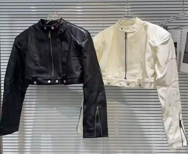 Women Fashion Zip Up Button Faux Leather Jacket