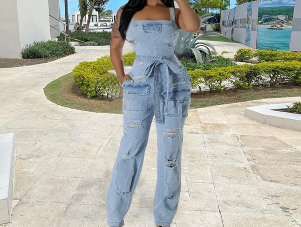 Women Fashion Sleeveless Ripped Denim Jumpsuit