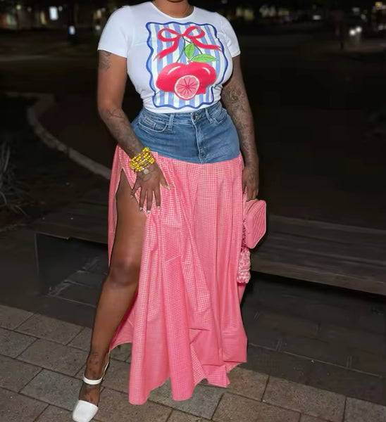 Women Fruit Print Short Sleeve Plaid Denim Two Piece Skirt Set