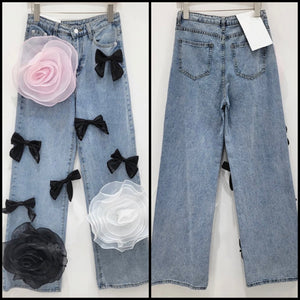 Women Fashion Color Floral Bow Denim Wide Leg Pants