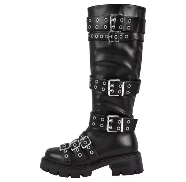 Women Black Buckled Round Toe Fashion Flat Knee High Boots