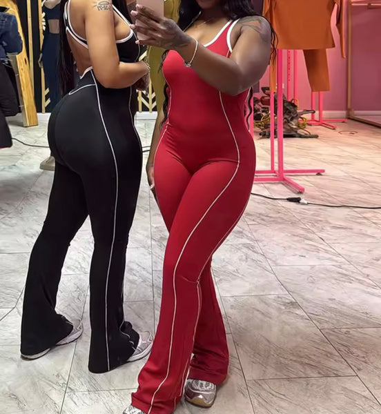 Women Sleeveless Striped Color Open Back Fashion Jumpsuit