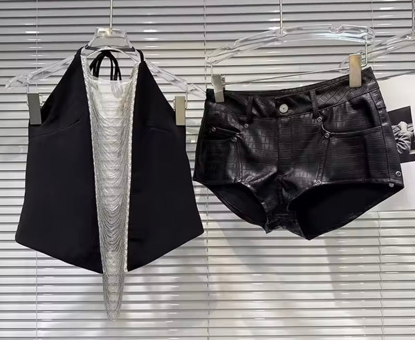 Women Halter Sleeveless Chain Crop Two Piece Short Set