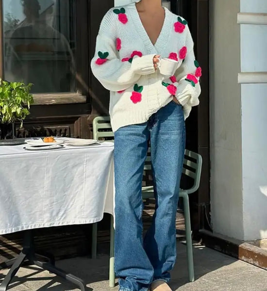 Women V-Neck Button Up 3D Floral Fashion Full Sleeve Sweater Top