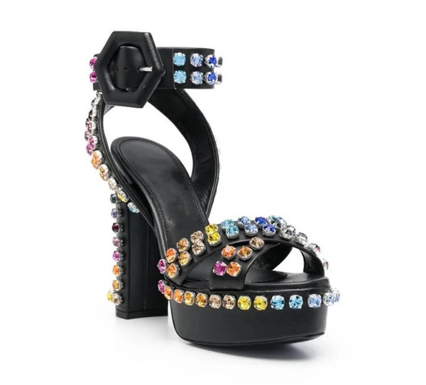 Women Fashion Faux Leather Color Rhinestone Platform Sandals