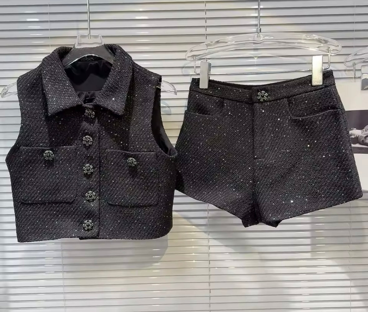 Women Button Up Sleeveless Tweed Two Piece Short Set