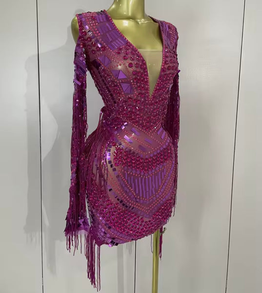 Women Sexy Crystal Mirror Mesh Full Sleeve Tassel Dress