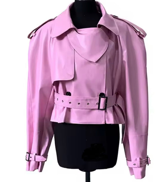 Women Pink Fashion Buckled Faux Leather Jacket