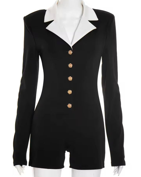 Women Sexy B&W Collar Full Sleeve Button Up Romper