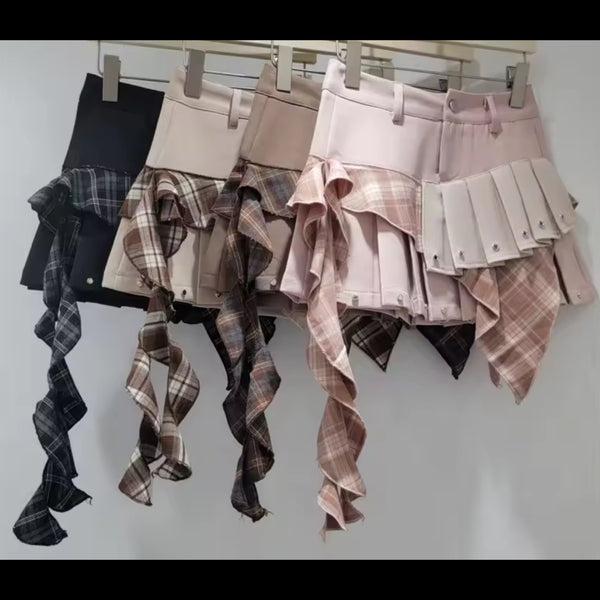 Women Color Patchwork Plaid Pleated Fashion Skirt