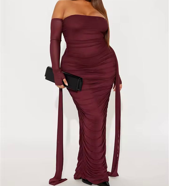 Women Sexy Off The Shoulder Mesh Full Sleeve Ruched Maxi Dress
