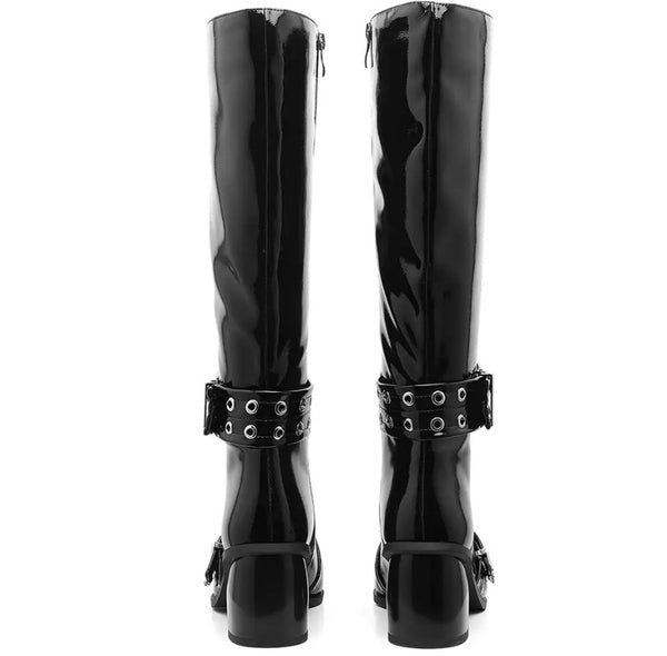 Women Fashion Pointed Toe Buckled Flat Knee High Boots