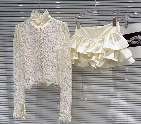 Women Sexy Lace Full Sleeve Two Piece Ruffled Skirt Set