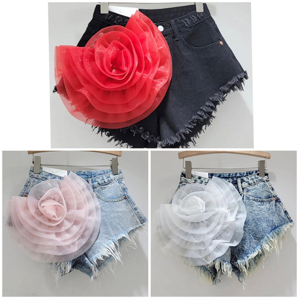 Women Fashion Fringe Denim Floral Shorts