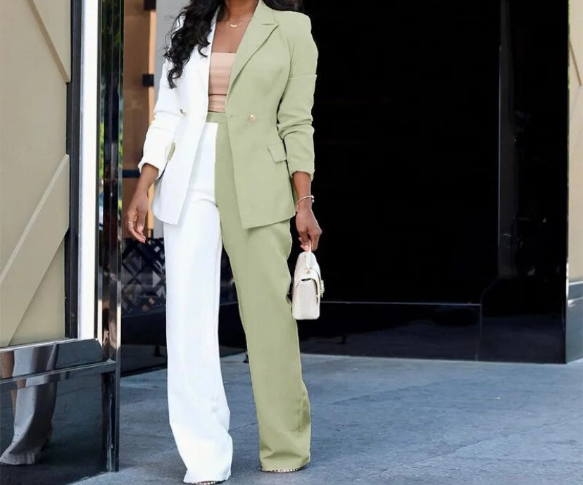Women Fashion Color Patchwork Button Up Blazer Two Piece Pant Set