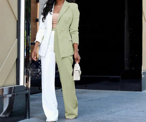 Women Fashion Color Patchwork Button Up Blazer Two Piece Pant Set