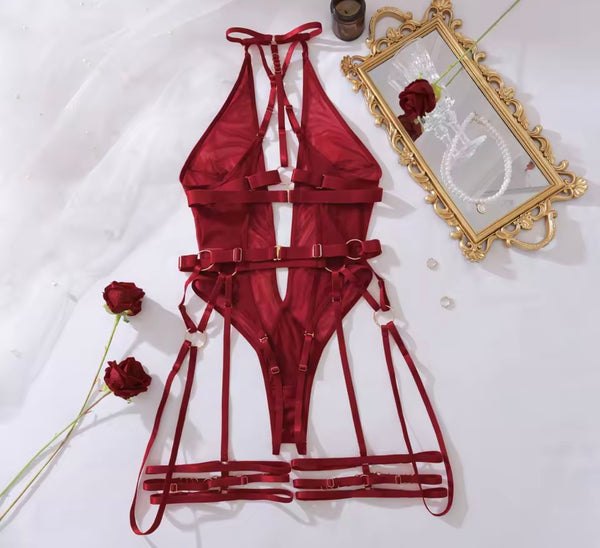 Women Burgundy Sexy Halter Sleeveless Mesh Bodysuit Lingerie