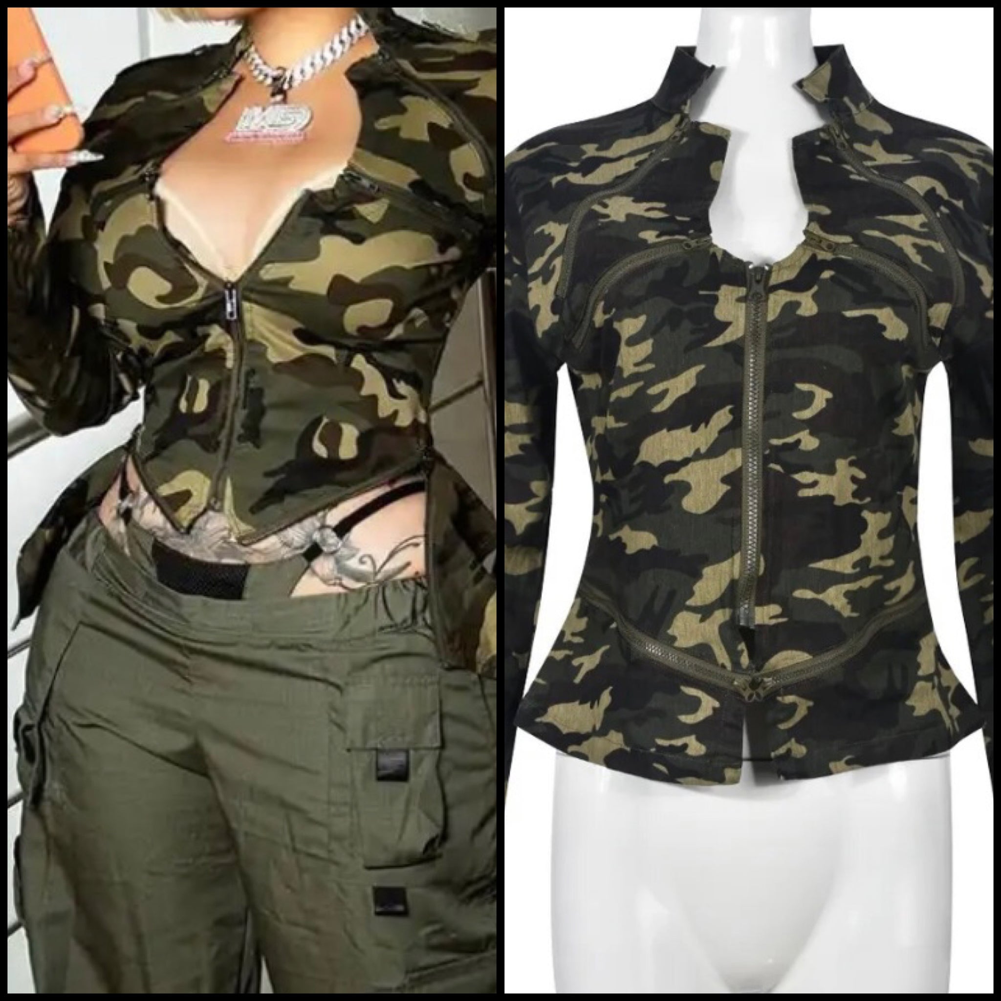 Women Fashion Camouflage Full Sleeve Zip Up Top