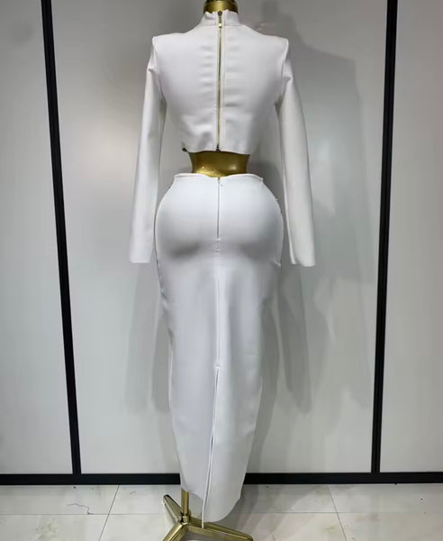 Women Beaded Bling Full Sleeve Sexy Two Piece Maxi Skirt Set