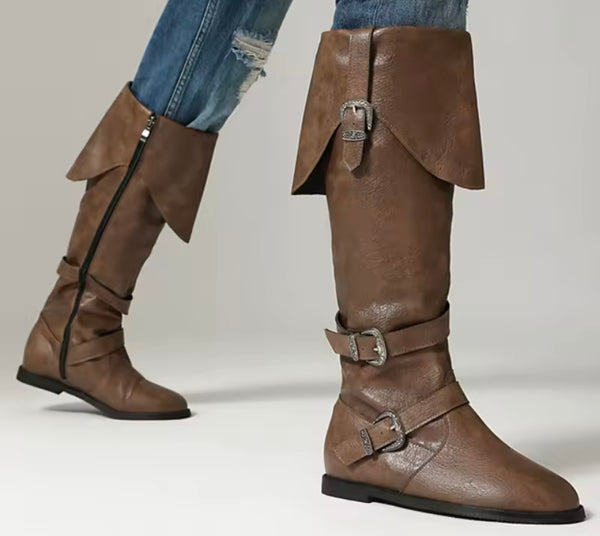 Women Fashion Buckled Knee High Flat Boots