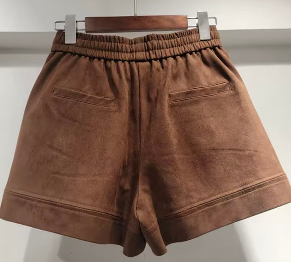 Women Brown Suede Zip Up Jacket Two Piece Short Set