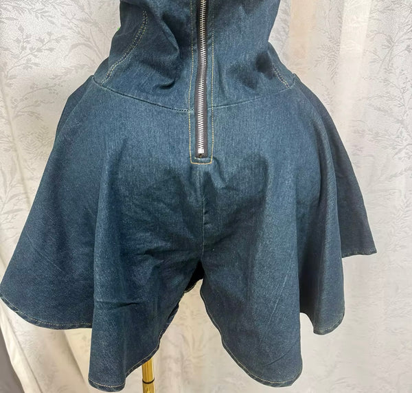 Women Sexy Fashion Strapless Lace Up Denim Romper