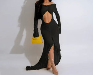 Women Sexy Full Sleeve Ruffled Cut Out Mesh Maxi Dress