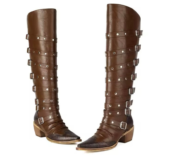 Women Fashion Color Buckled Knee High Western Boots