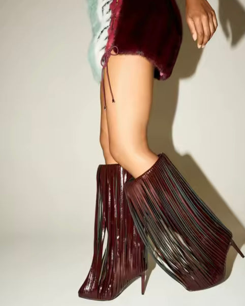 Women Fashion Pointed Toe Tassel High Heel Boots