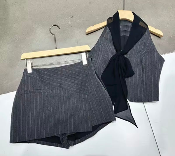 Women Sleeveless Pinstripes Two Piece Wrap Short Set