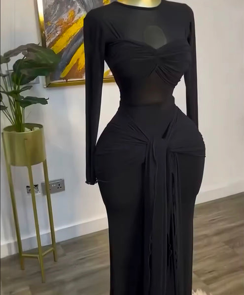 Women Sexy Solid Color Tie Up Full Sleeve Maxi Dress