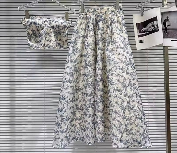 Women White Strapless Blue Floral Two Piece Maxi Skirt Set