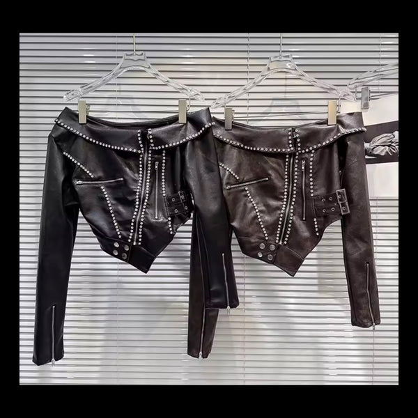 Women Off The Shoulder Zip Up Rhinestone Faux Leather Jacket