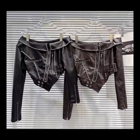 Women Off The Shoulder Zip Up Rhinestone Faux Leather Jacket