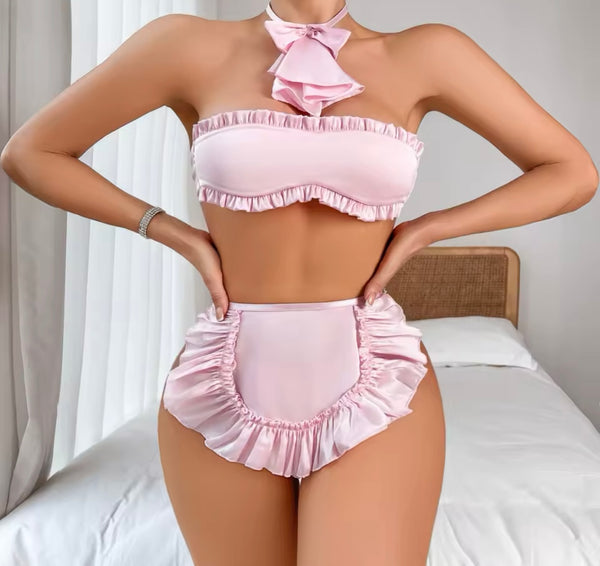 Women Pink Sexy Choker Ruffled Strapless Lingerie Set