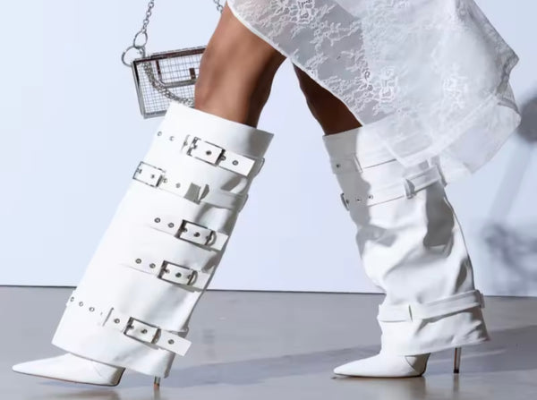 Women White Pointed Toe Buckled Fashion Knee High Boots