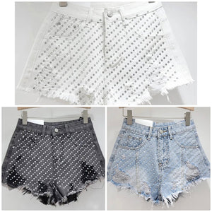 Women Fashion Ripped Rhinestone Patchwork Denim Shorts