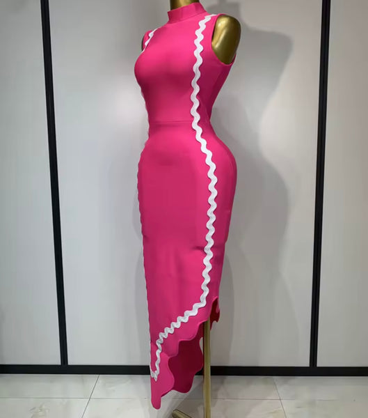 Women Sexy Pink Sleeveless Striped Asymmetrical Maxi Dress