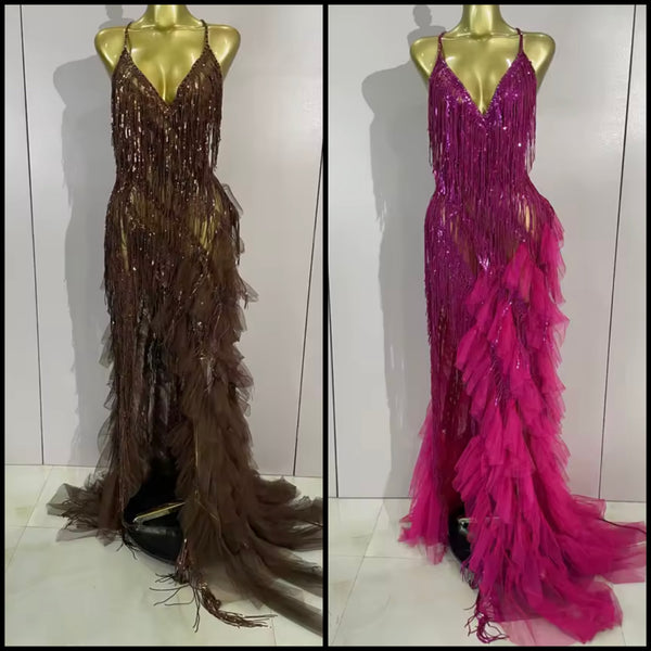 Women Halter Sleeveless Ruffle Rhinestone Tassel Maxi Dress