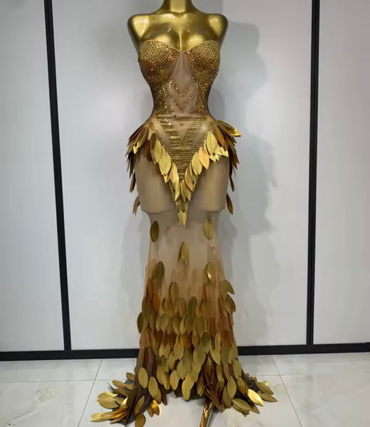 Women Gold Sexy Strapless Sequins Rhinestone Mesh Maxi Dress