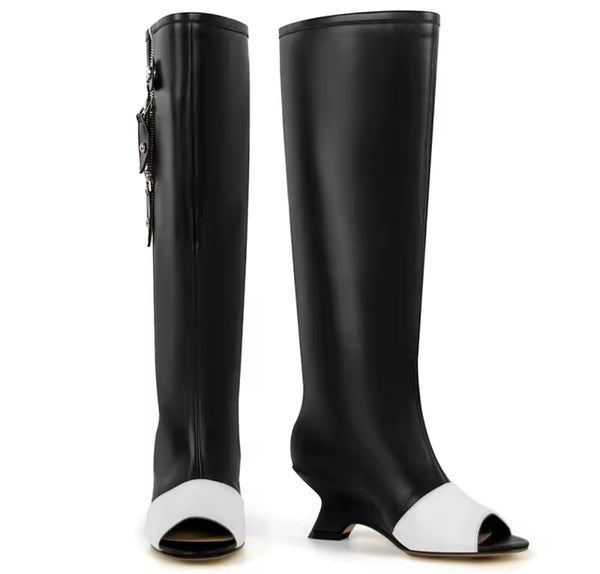 Women Fashion B&W Open Toe Zip Up Buckled Ankle/Knee High Boots