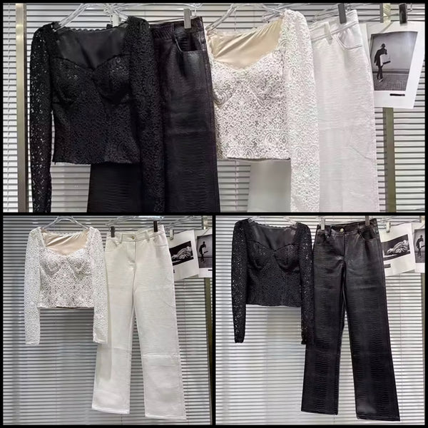 Women Fashion Lace Full Sleeve Two Piece Faux Leather Pant Set