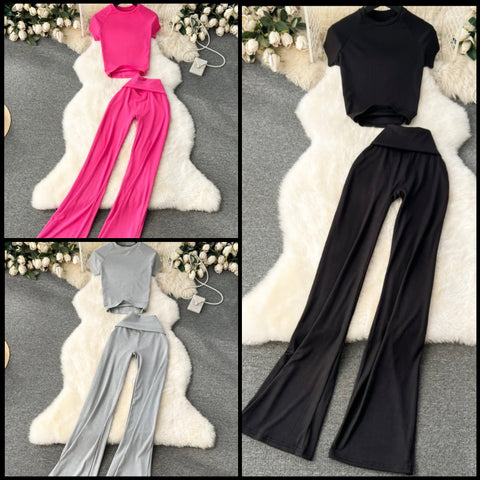 Women Fashion Ribbed Solid Color Short Sleeve Two Piece Pant Set