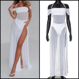 Women Sexy White Mesh Halter Off The Shoulder Maxi Dress