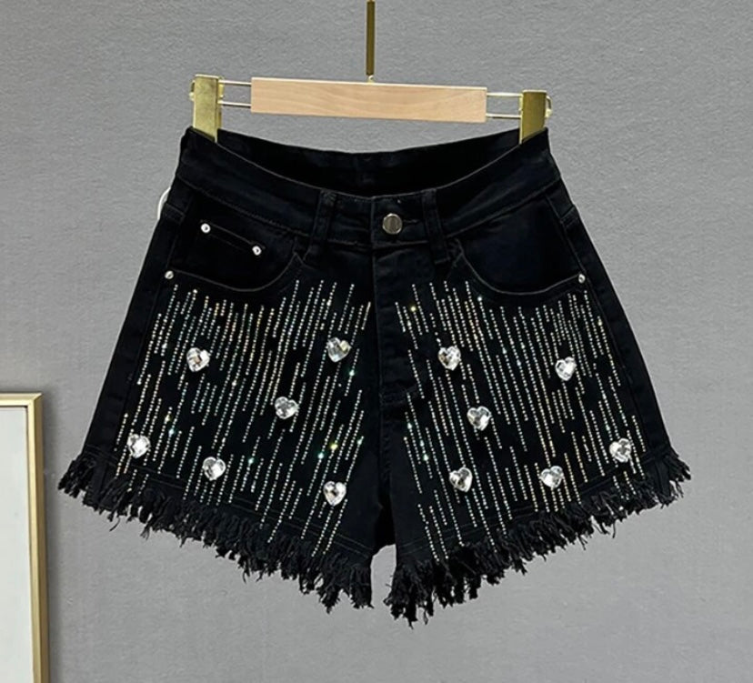 Women Fashion Fringe Heart Bling Denim Shorts