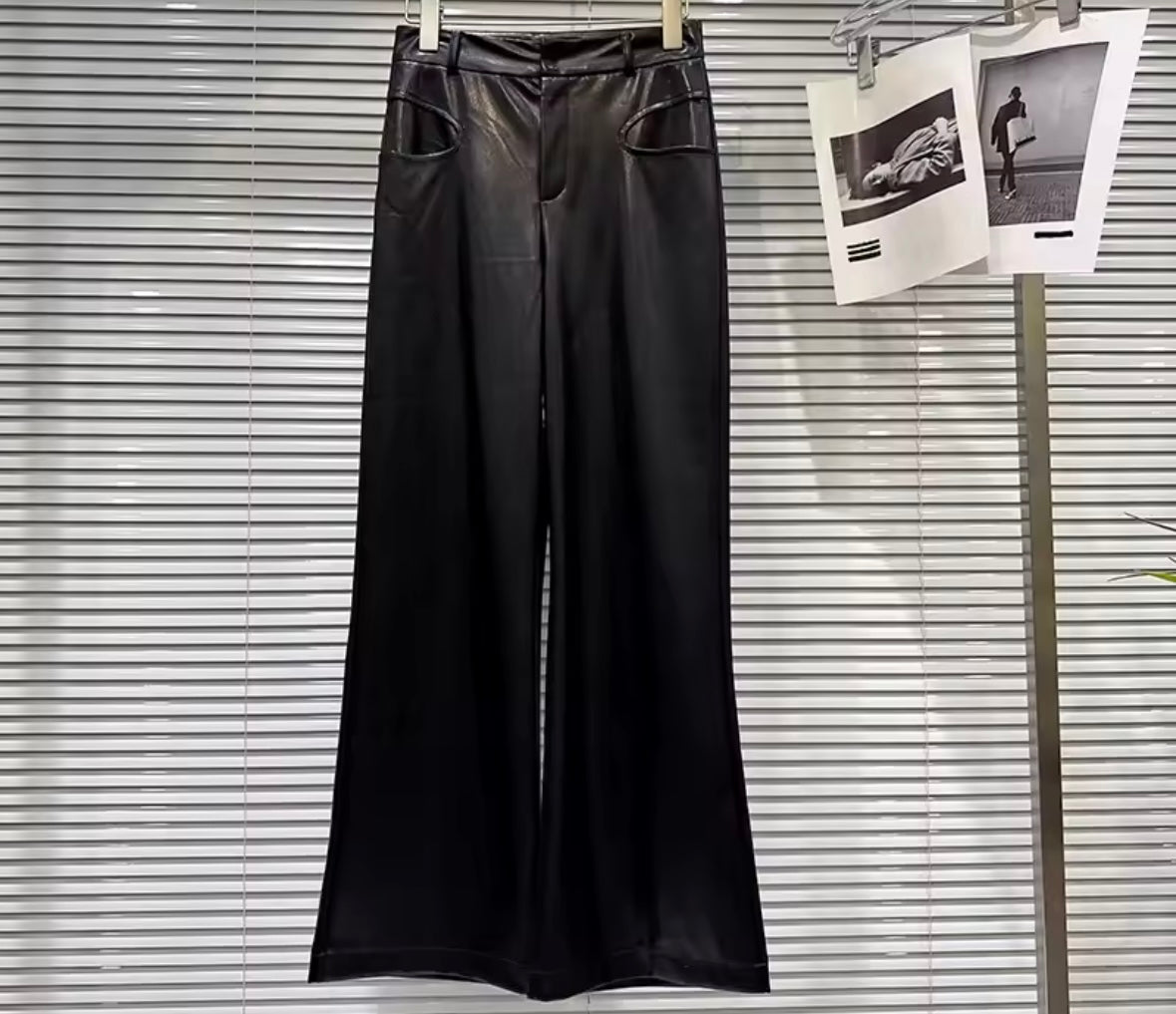 Women Black/White Faux Leather Fashion Wide Leg Pants