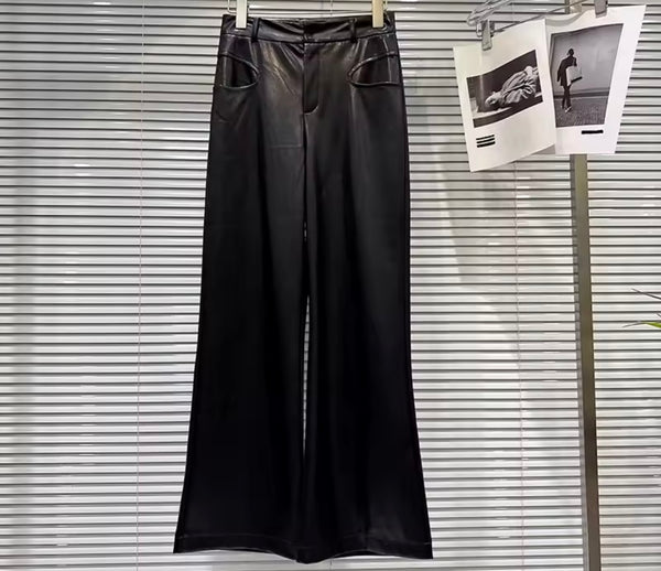 Women Black/White Faux Leather Fashion Wide Leg Pants