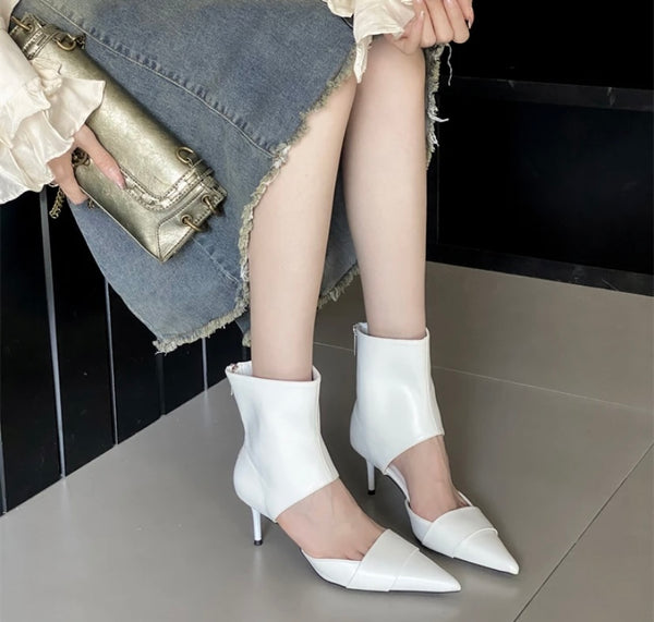 Women Fashion Faux Leather Pointed Toe Cut Out Ankle Boots